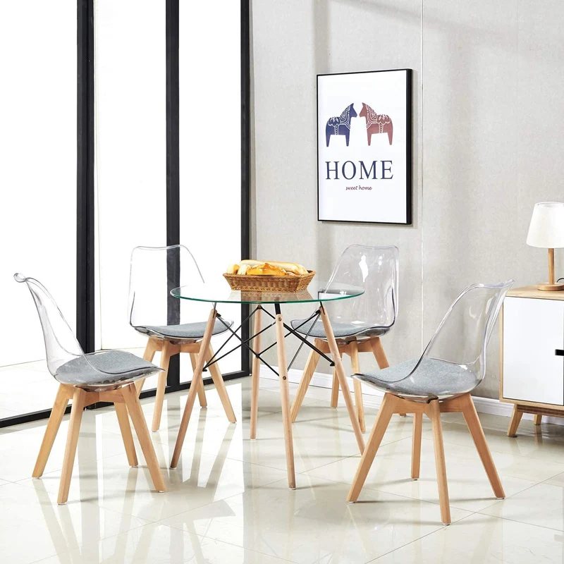 RAY Table à Manger Ronde en MDF/Verre avec Pieds en Hêtre 80 * 80 * 74 cm - Noir/Blanc/Clair