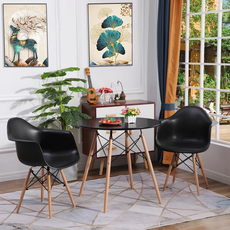 RAY Table à Manger Ronde en MDF/Verre avec Pieds en Hêtre 80 * 80 * 74 cm - Noir/Blanc/Clair