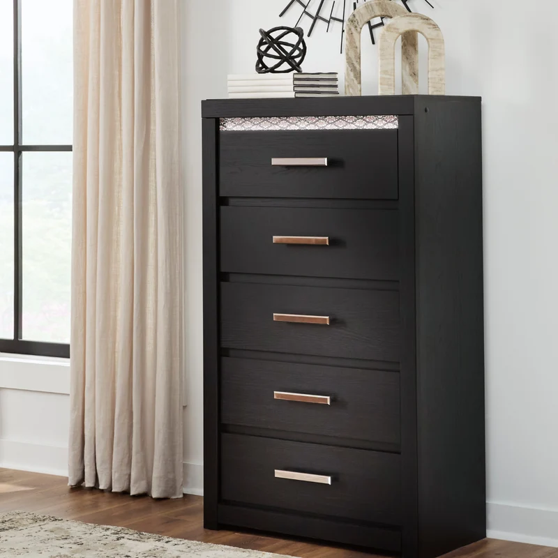 Commode à 5 tiroirs en bois/MDF noir avec éclairage DEL intégré - Shoralli