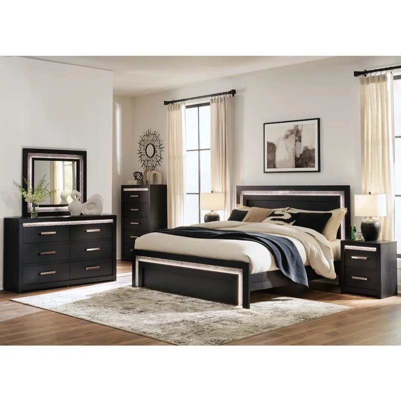 Commode à 5 tiroirs en bois/MDF noir avec éclairage DEL intégré - Shoralli