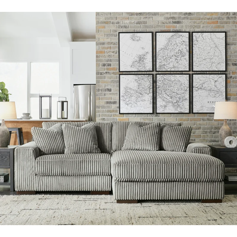 Sectionnel 2 pièces en tissu texturé avec chaise longue et coussins - Lindyn