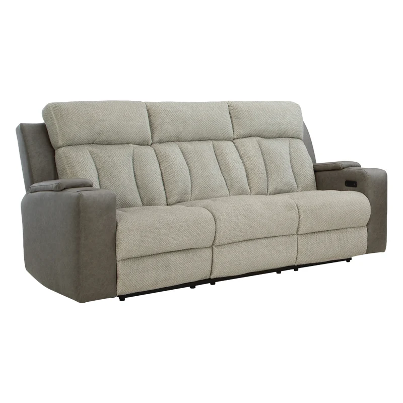 Sofa inclinable motorisé en tissu/aspect cuir gris avec lombaire chauffant, massant et table centrale rabattable - Branthorpe