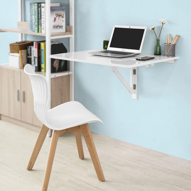 SoBuy FWT02-W Table murale rabattable en bois, double plateaux, plateau pliable, Blanc