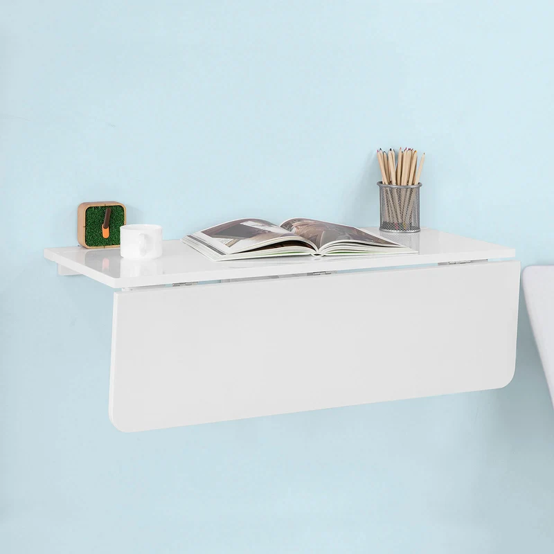 SoBuy FWT02-W Table murale rabattable en bois, double plateaux, plateau pliable, Blanc