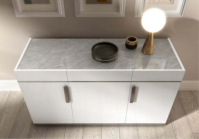 Buffet 3 ou 4 portes blanc laqué marbre gris - Mara