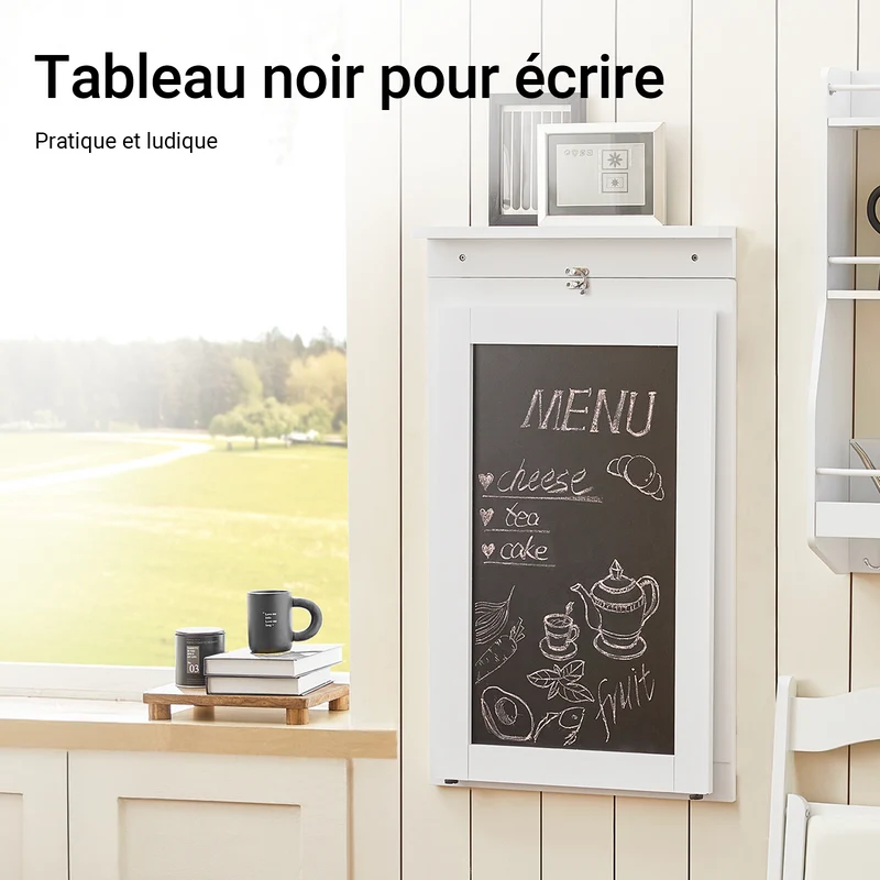 SoBuy FWT20-W Table Murale Rabattable à Manger Pliable avec Tableau Mémo Extensible Gain de Place pour Cuisine, Bureau et Petits Espaces Blanc 50cm x 75cm x 76cm
