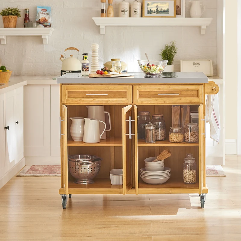 SoBuy FKW69-N Desserte de Cuisine à Roulettes, Plan de Travail INOX Extensible 46→71cm, 2 Tiroirs, Étagères Réglables, Charge 100 kg – 115x46x92 cm