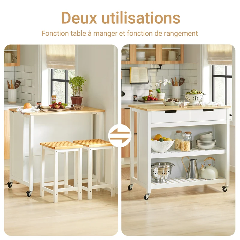 SoBuy FKW74-WN Desserte de Cuisine à Roulettes – Plan de Travail 100×60 cm, 2 Tiroirs, 2 Étagères, Charge 60 kg, Blanc