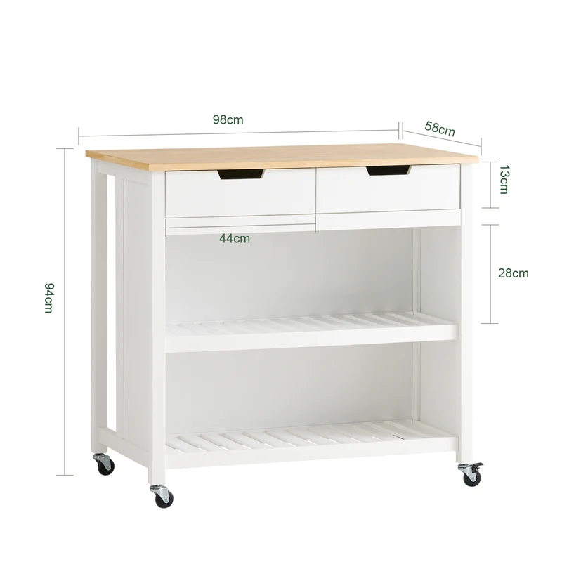 SoBuy FKW74-WN Desserte de Cuisine à Roulettes – Plan de Travail 100×60 cm, 2 Tiroirs, 2 Étagères, Charge 60 kg, Blanc