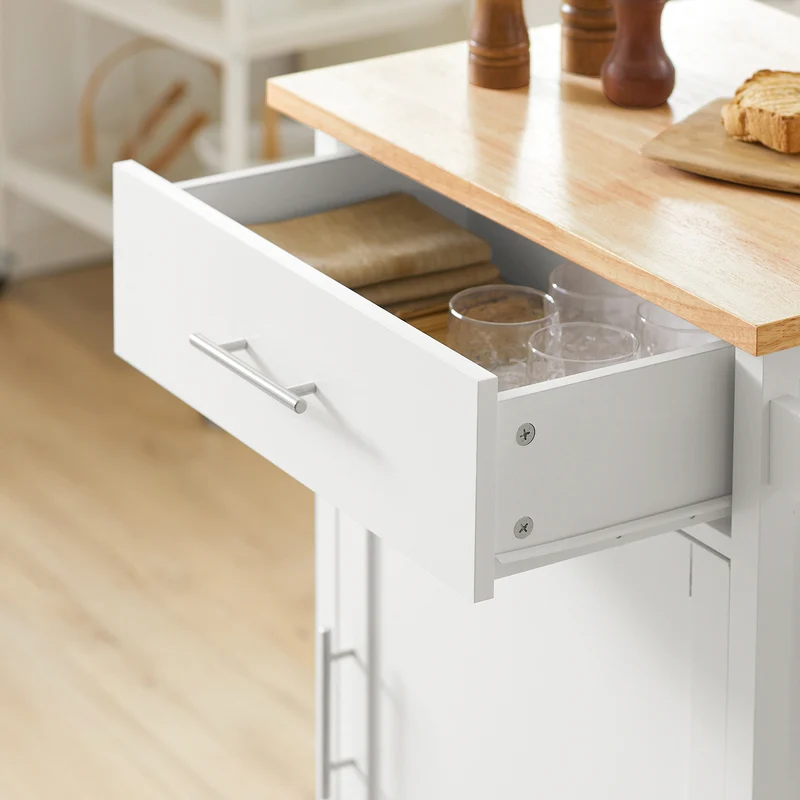 SoBuy FKW102-WN Desserte de Cuisine à Roulettes avec Plan de Travail, 1 Tiroir, 1 Porte et Porte-Torchon, Charge 45 kg – 68x46x90 cm, Blanc et Naturel
