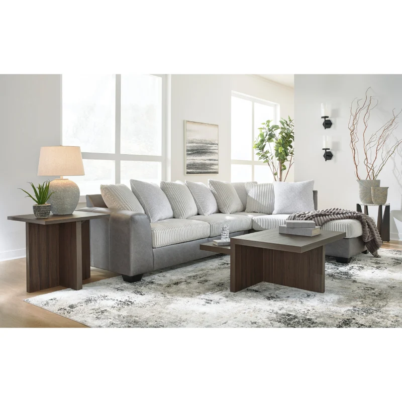 Sectionnel 2 pièces en tissu blanc/aspect cuir gris avec chaise longue et coussins - Clairette Court