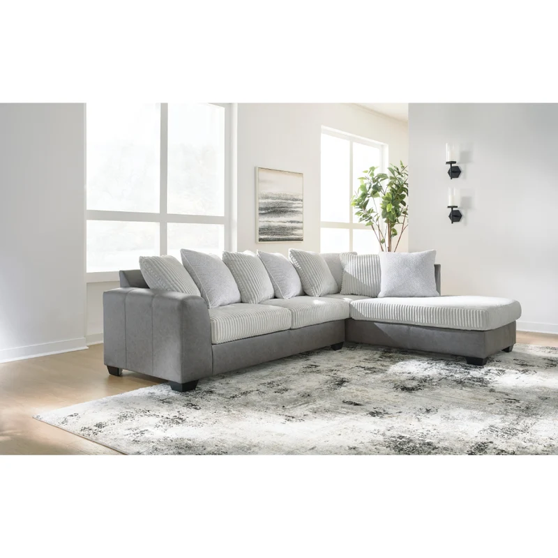 Sectionnel 2 pièces en tissu blanc/aspect cuir gris avec chaise longue et coussins - Clairette Court