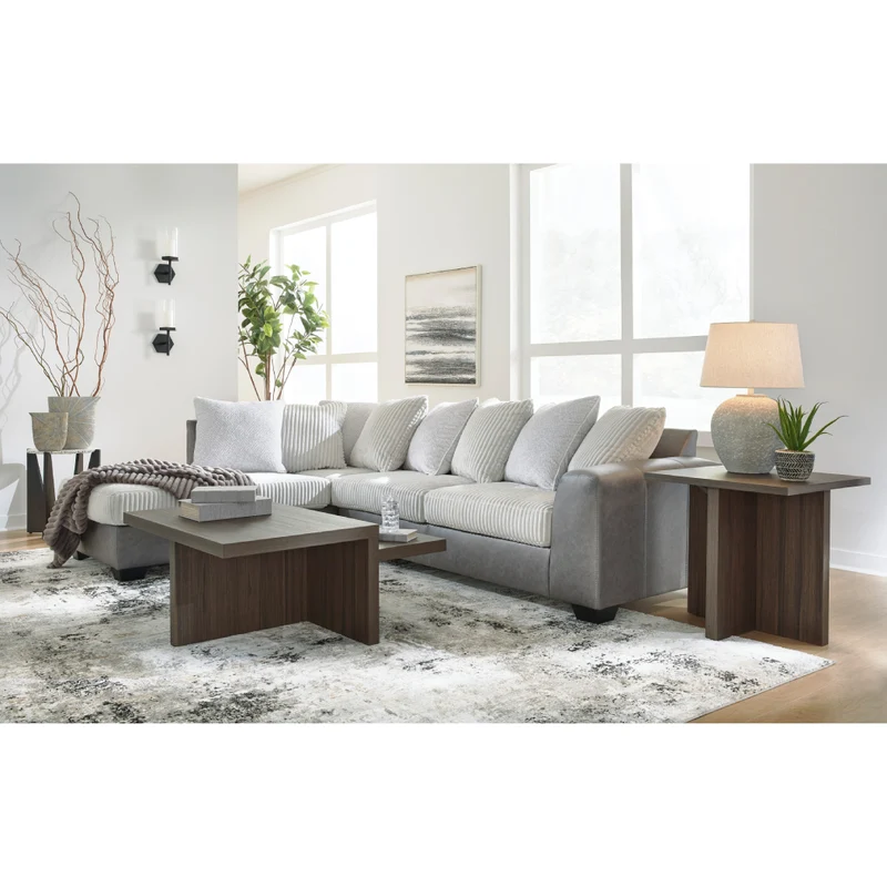 Sectionnel 2 pièces en tissu blanc/aspect cuir gris avec chaise longue et coussins - Clairette Court