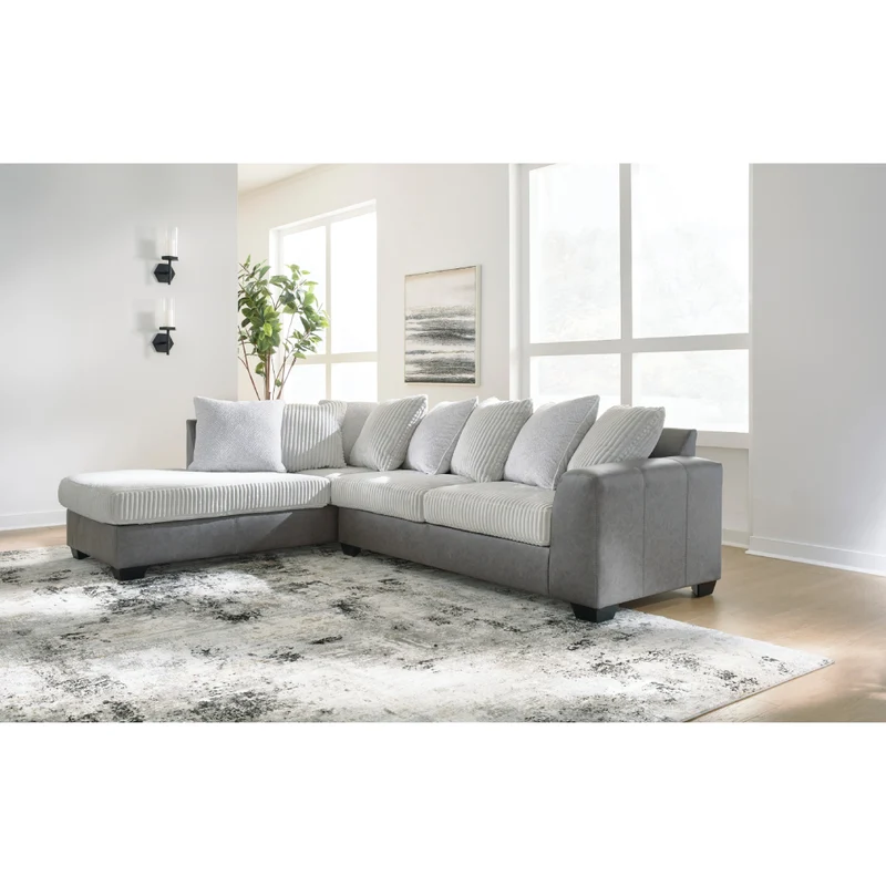Sectionnel 2 pièces en tissu blanc/aspect cuir gris avec chaise longue et coussins - Clairette Court
