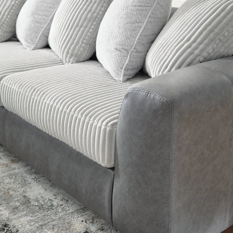 Sectionnel 2 pièces en tissu blanc/aspect cuir gris avec chaise longue et coussins - Clairette Court