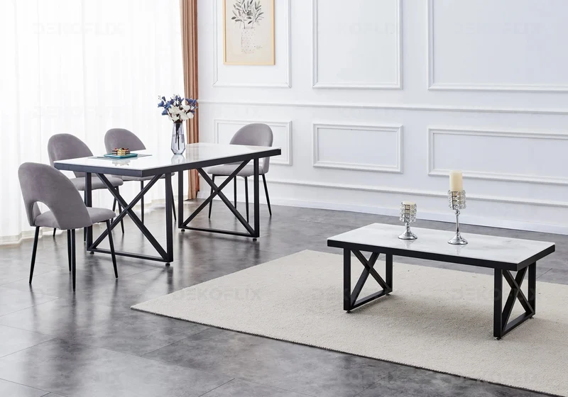 Table noire marbre blanc et chaises anthracites - Clara