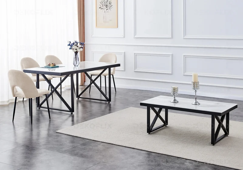 Table noire marbre blanc et chaises beiges - Clara