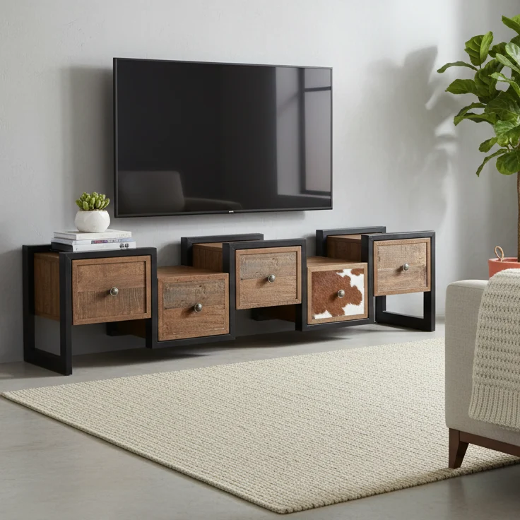 Meuble Tv Zig Zag multi-matériaux peau de vache | Manguier Kara