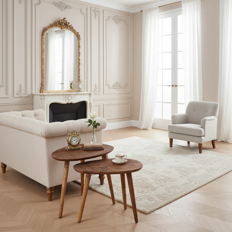 Set 2 tables d'appoint plateau sculpté bois massif | Acacia Adir