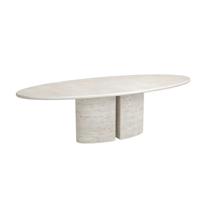 Table à manger ovale Zira - Pied en travertin blanc - Plateau Microskin - Latte - 260 cm