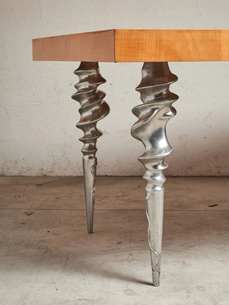Post-Modern Table with Marquetry Top and Cast Aluminum Legs, 1980's
