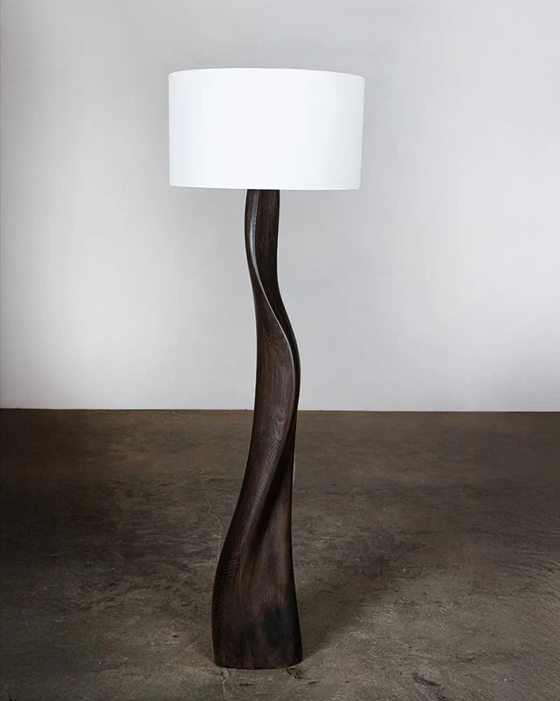Roman floor lamp in Ash, Saddle Oak stain with Ivory silk shade