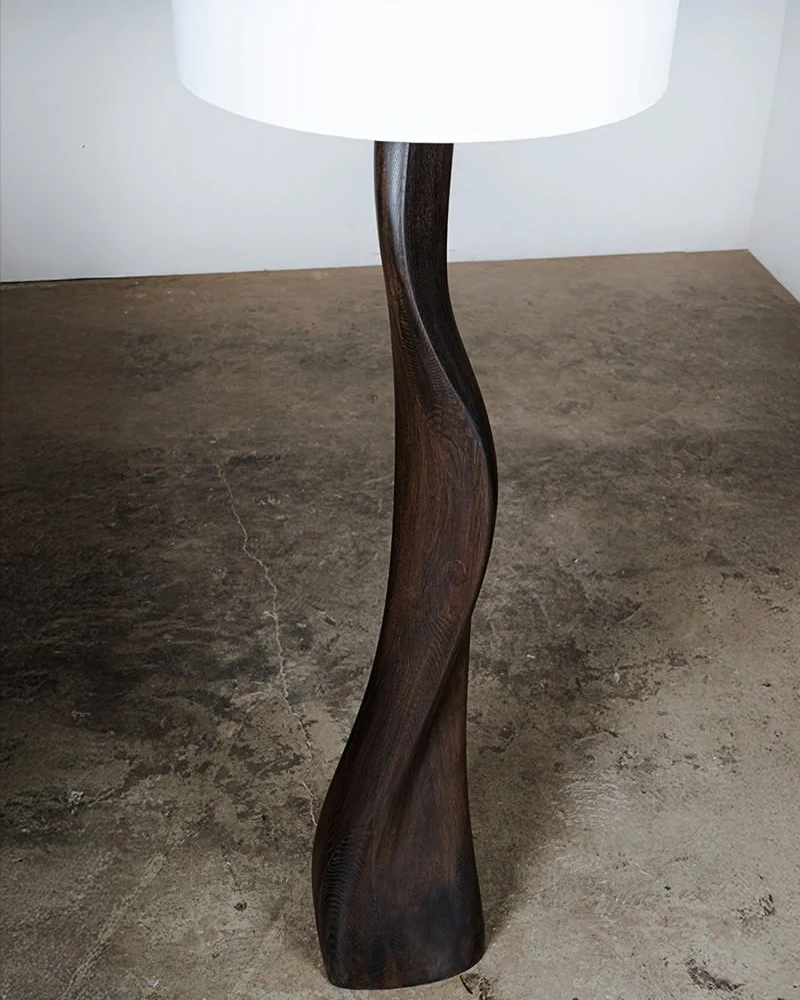 Roman floor lamp in Ash, Saddle Oak stain with Ivory silk shade