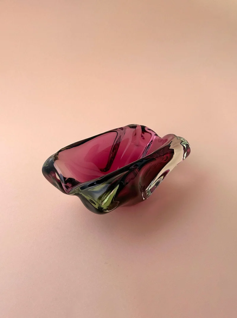 Large Cherry Red Glass Bowl from Bohemia 1970s
