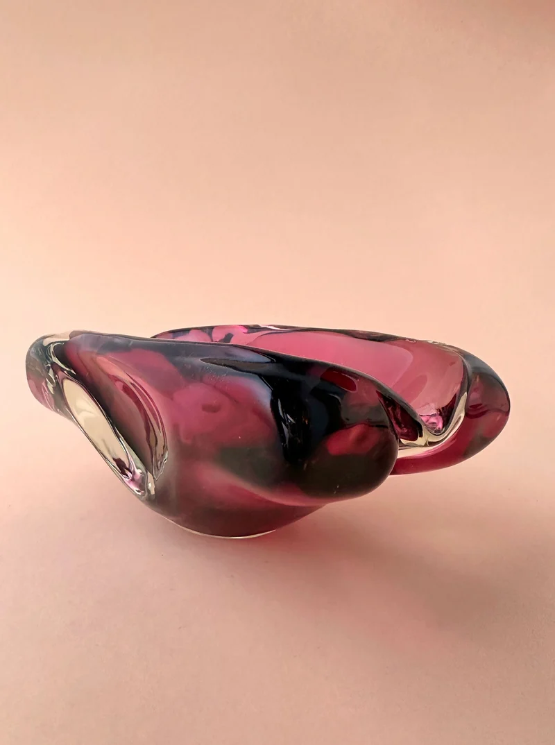 Large Cherry Red Glass Bowl from Bohemia 1970s