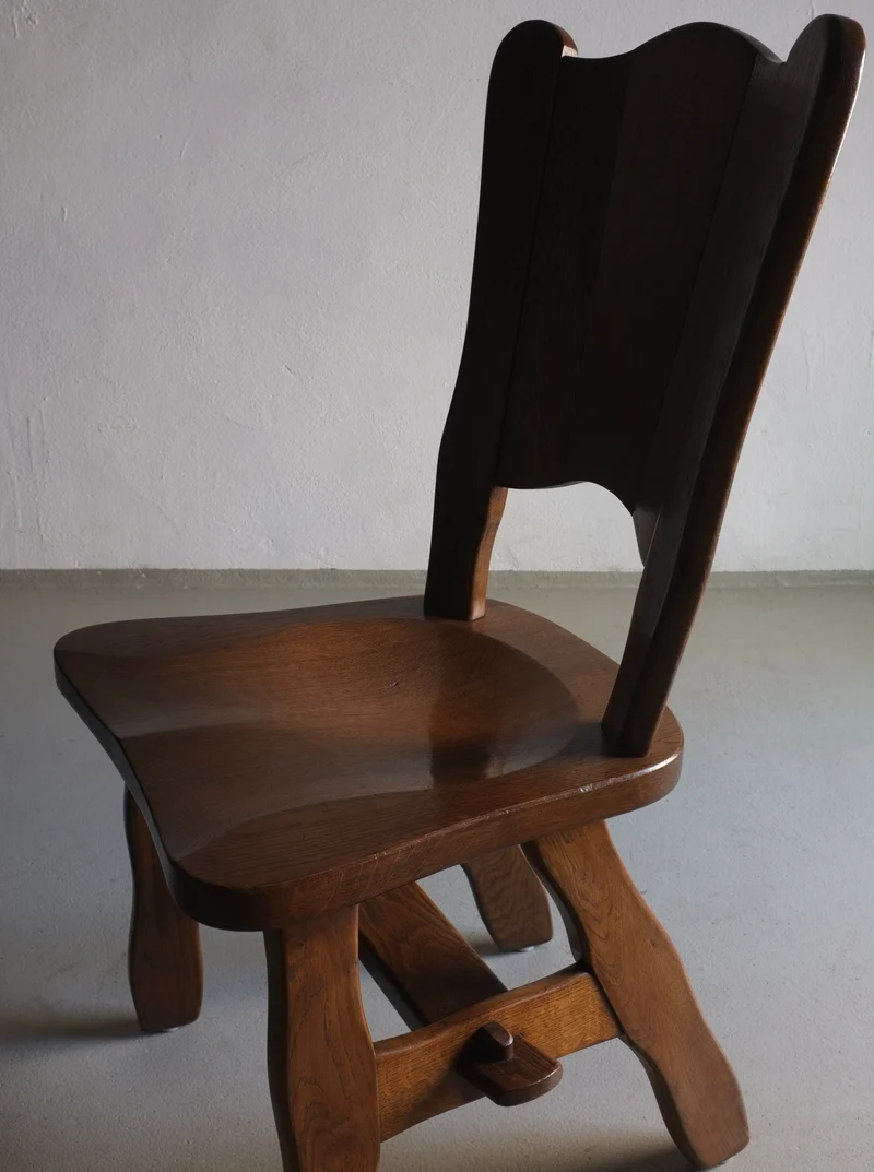 2 Brutalist Solid Oak Chair 1970s