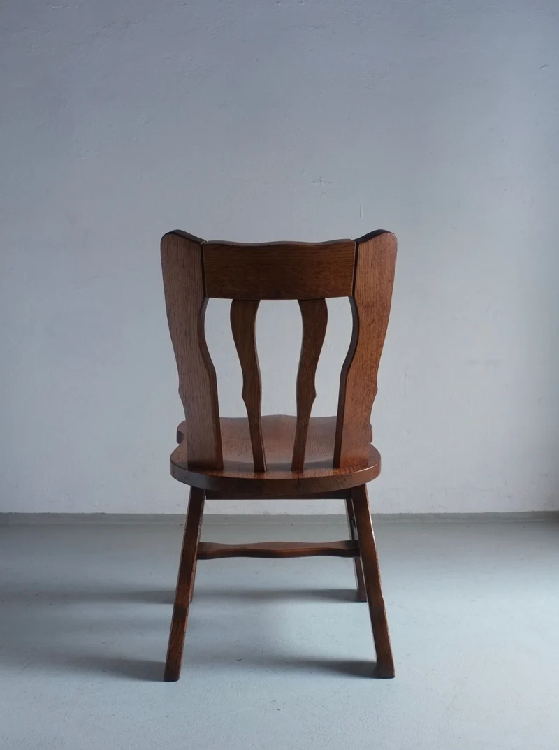 2 Brutalist Carved Oak Dining Chairs 1970s
