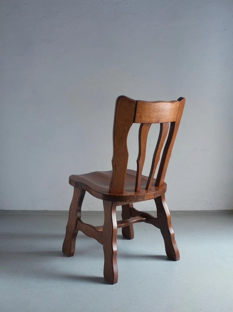 2 Brutalist Carved Oak Dining Chairs 1970s