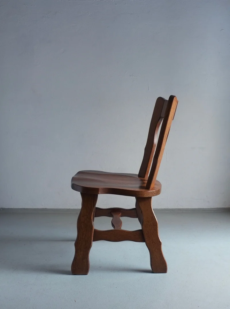 2 Brutalist Carved Oak Dining Chairs 1970s