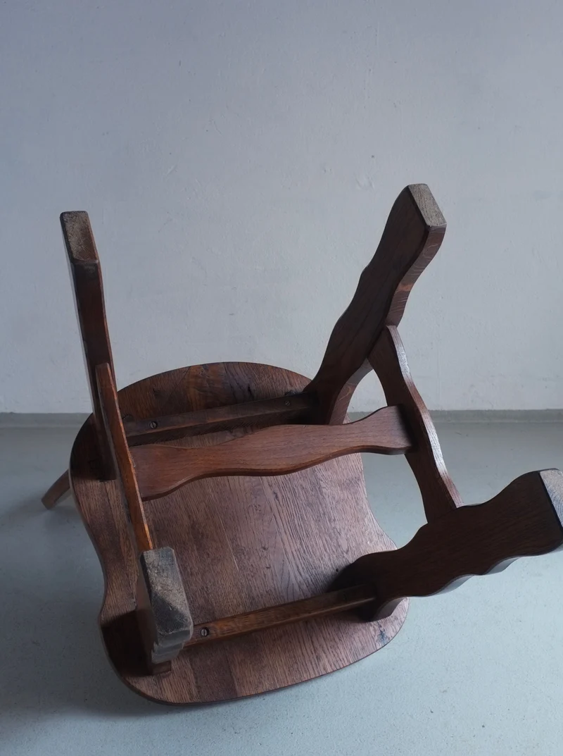 2 Brutalist Carved Oak Dining Chairs 1970s