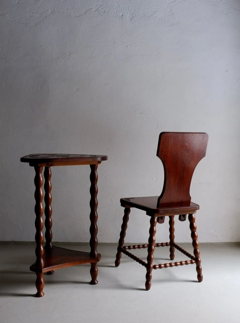 Carved Wood Bobbin Chair and Table Set | Sweden | 1960s