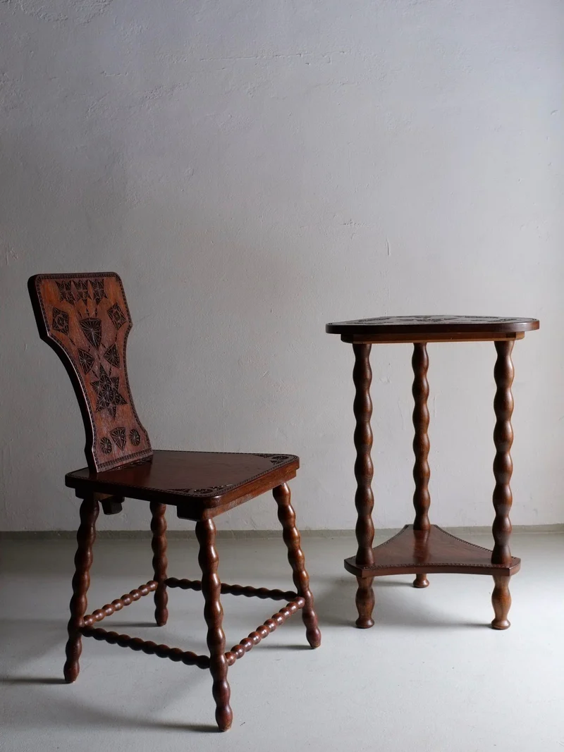 Carved Wood Bobbin Chair and Table Set | Sweden | 1960s