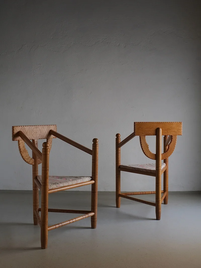 Rustic Carved Oak Corner Chair | Sweden | 1950s