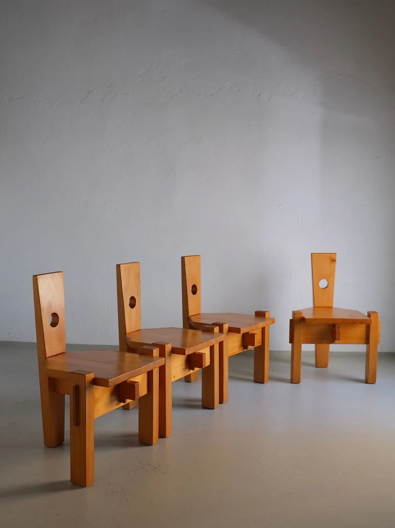 4 Sculptural Pine Chairs by Erwin Egel 1960s