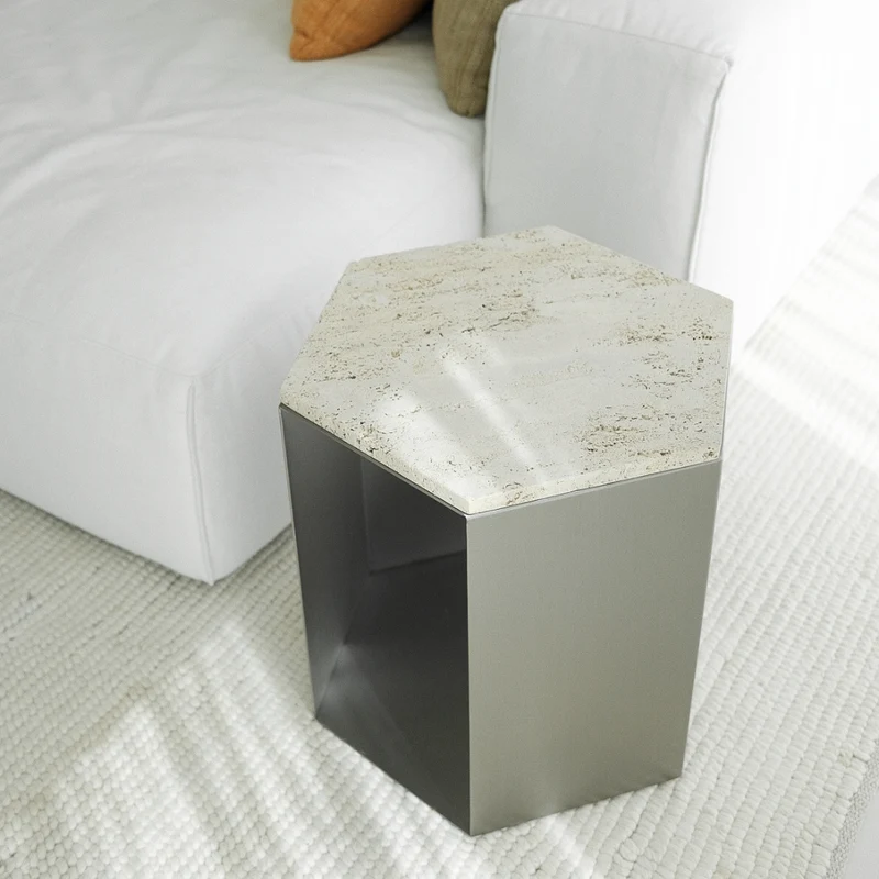 Table basse en travertin Acier inoxydable – Hexagone - Plateau en travertin