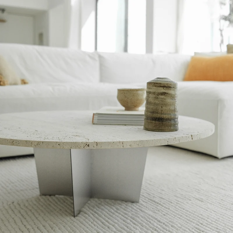 Table basse ronde Bonzac - 90 cm - Acier inoxydable - Travertin blanc - Non rempli