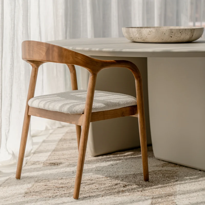 Chaise de salle à manger - Noyer clair - Muret - Assise en bouclé ivoire tissé