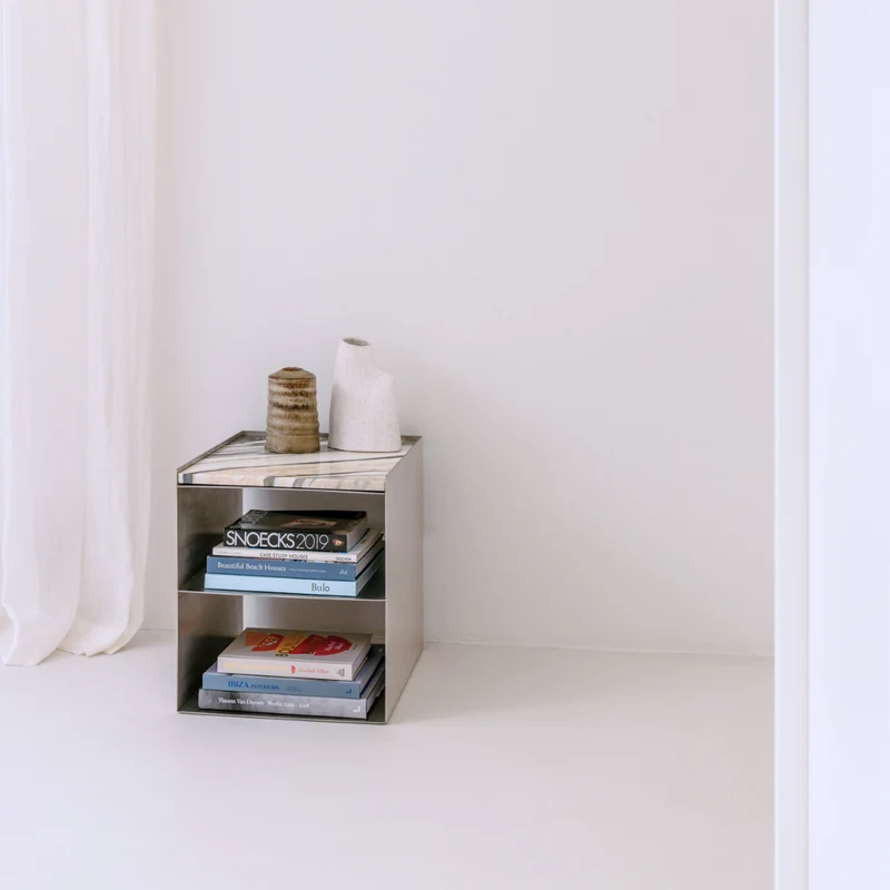 Table basse en acier inoxydable - Sofia - plateau en marbre bleu et blanc