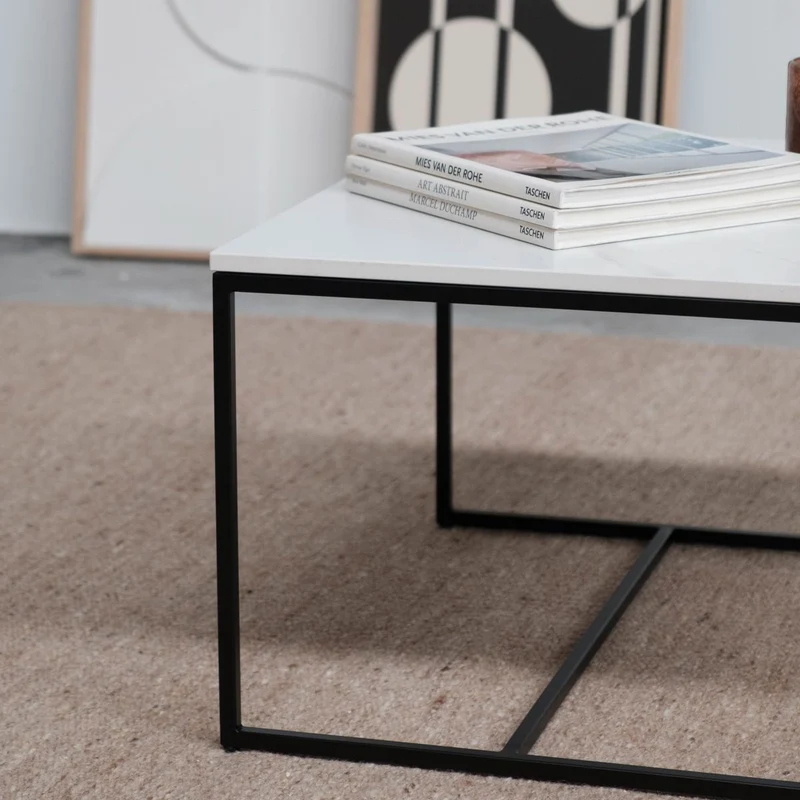 Table basse en céramique - Miles - Céramique blanche Calacatta - 55×55×35cm