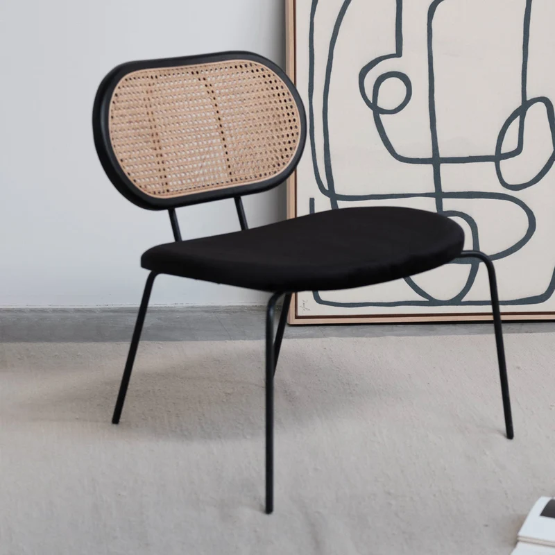 Siège Retro Années 60 - Rotin/Bois Noir - Velours Noir - Noir