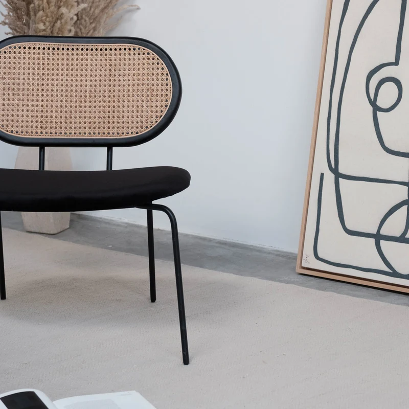 Siège Retro Années 60 - Rotin/Bois Noir - Velours Noir - Noir