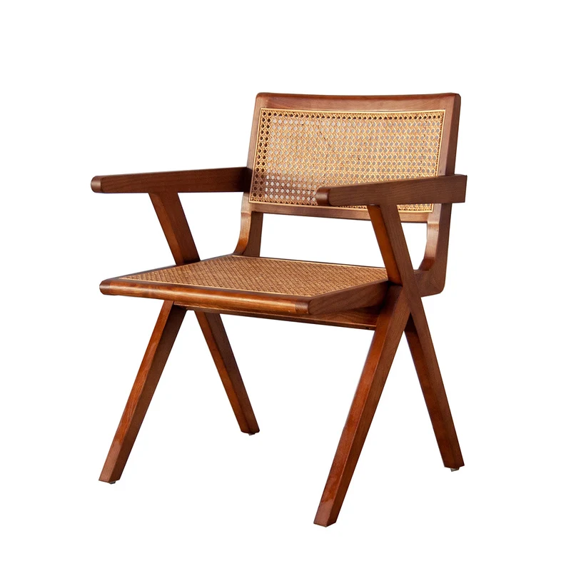 Chaise rétro avec accoudoir en noyer/roseau - Ruben