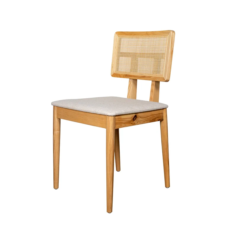 Chaise de Salle à Manger avec Dossier en Rotin - Charles - Chêne/Rotin naturel - Blanc cassé