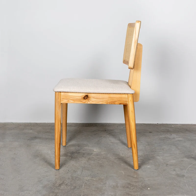 Chaise de Salle à Manger avec Dossier en Rotin - Charles - Chêne/Rotin naturel - Blanc cassé