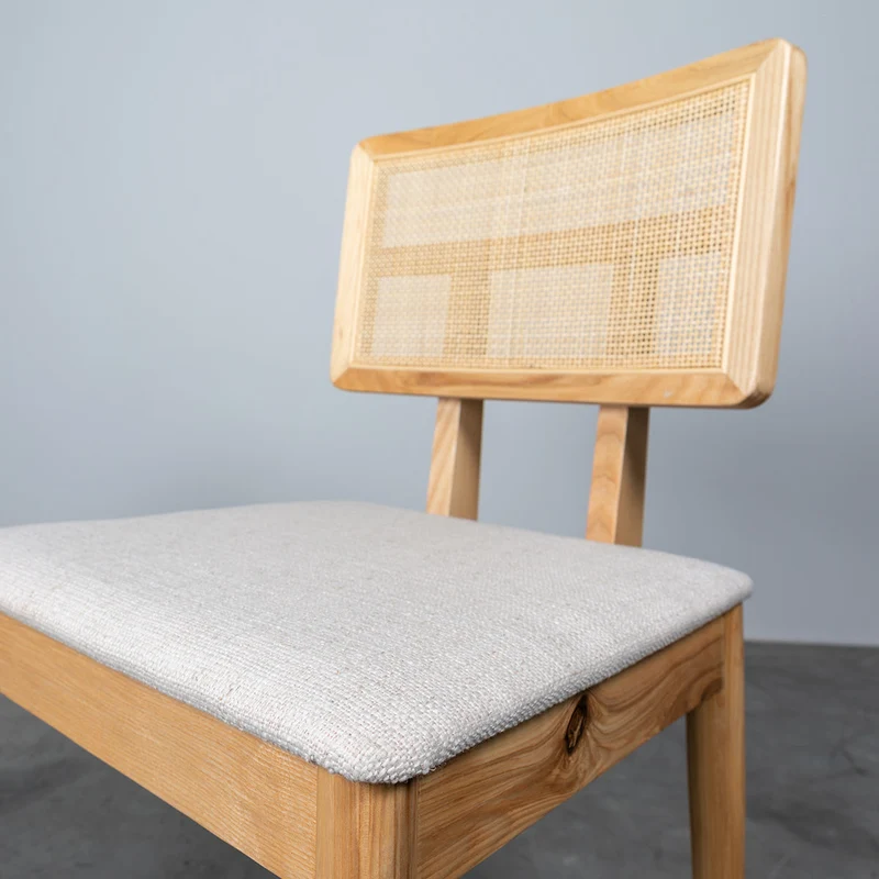 Chaise de Salle à Manger avec Dossier en Rotin - Charles - Chêne/Rotin naturel - Blanc cassé