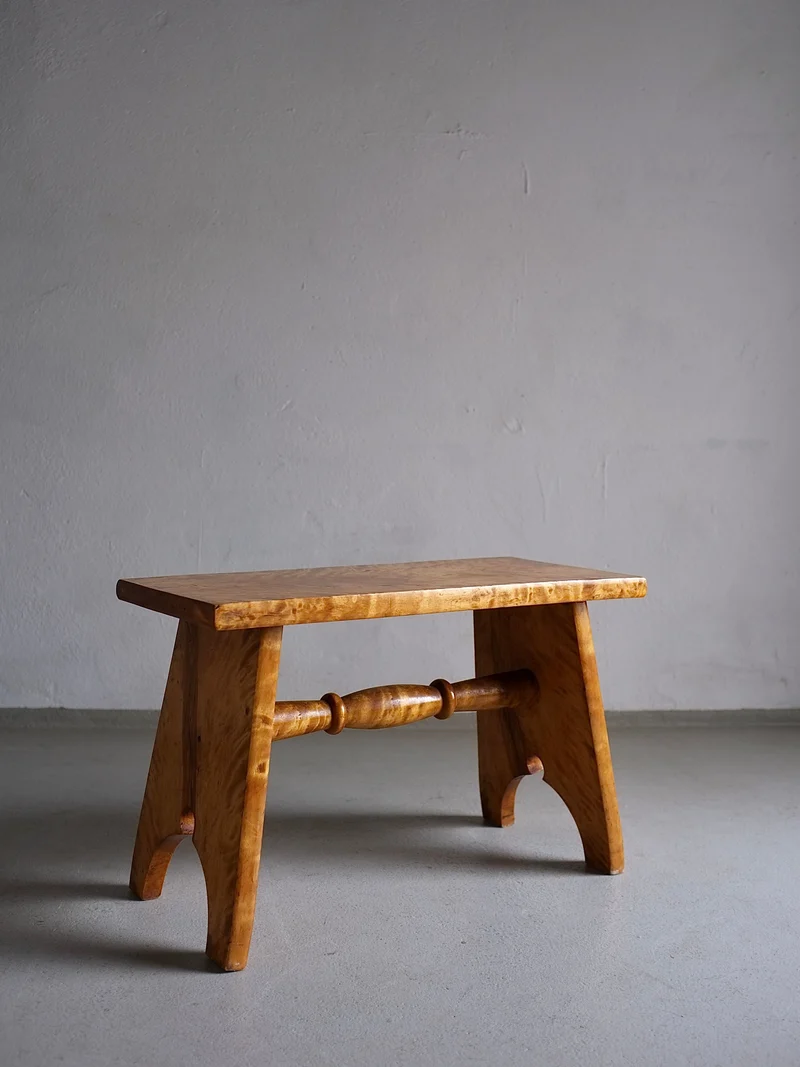 Rustic Solid Karelian Birch Stool | Latvia | 1950s